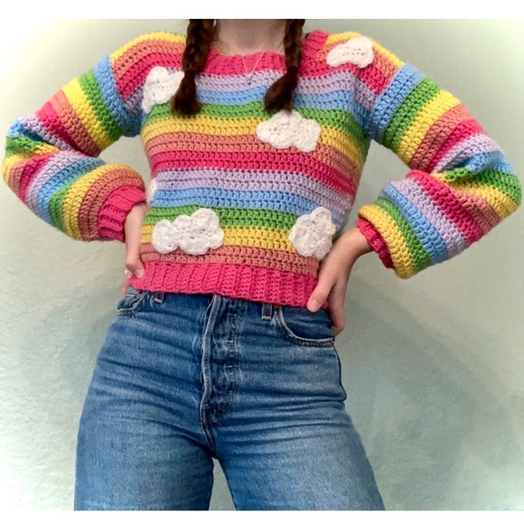 Crochet handmade pastel rainbow round neck long sleeve acrylic sweater size XS/S - Picture 3 of 7